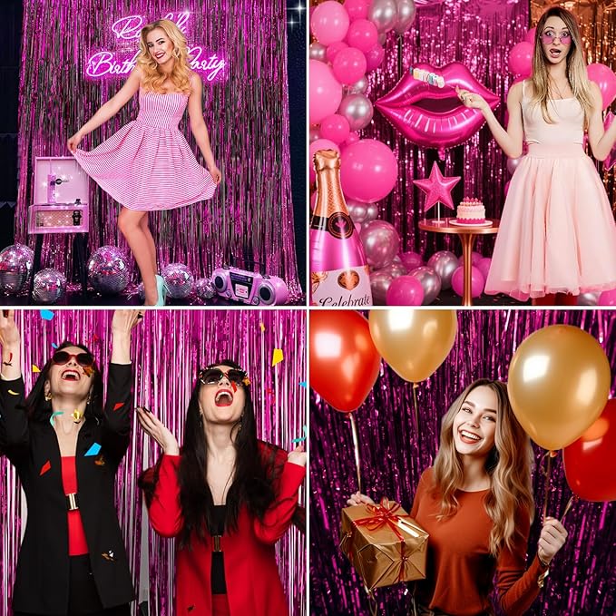 2 Pack Hot Pink Backdrop Party Decorations Tinsel Foil Fringe Curtain Backdrop Streamer Photo Booth for Wonmen Girl Pink Theme Princess Bachelorette Graduation Birthday Party Decorations