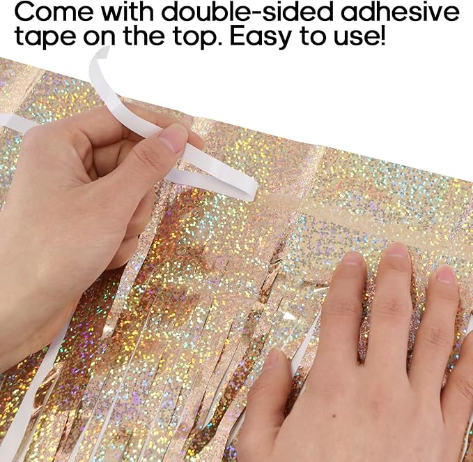 2 Pack Fringe Curtains Backdrops, Foil Fringe Curtains, Door Streamers for Birthday Wedding Bridal Shower Holiday Graduation Party Decorations, Photo Booth Backdrops, Glitter Champagne