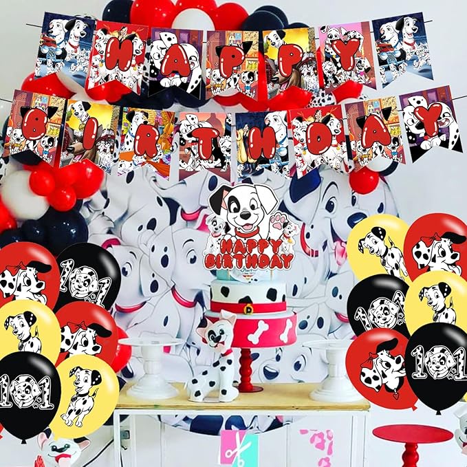 101 Dogs Birthday Party Supplies: Cake Caps, Cupcake Caps, Flags, Latex Balloons - Red, Black, White - Dog Themed - Includes 12 Cupcake Toppers, 1 Big Cake Topper, Banner, 18" Balloons