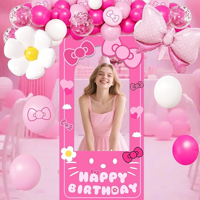 Birthday decorations for girls,Happy Birthday Banner, 35 Balloons,Pink bow Foil Balloon,Photo Booth Props for women (Pink Cat)
