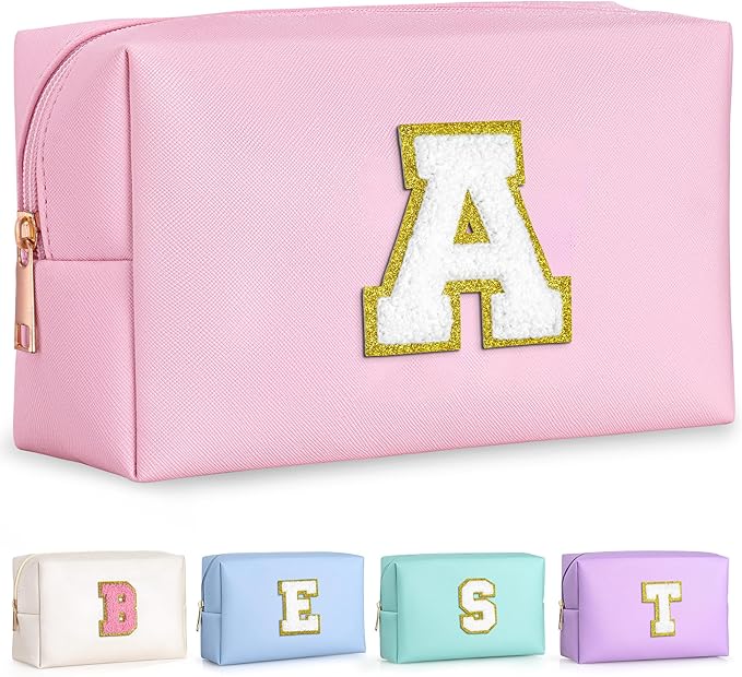 TOPEAST Mothers Day Gifts - Initial Makeup Bag, Birthday Gifts for 4 5 6 7 8 9 10 11 12 Year Old Teen Girls, Teacher Gift Graduation Gift, Personalized Preppy Cosmetic Bags Toiletry Bag (Pink A)