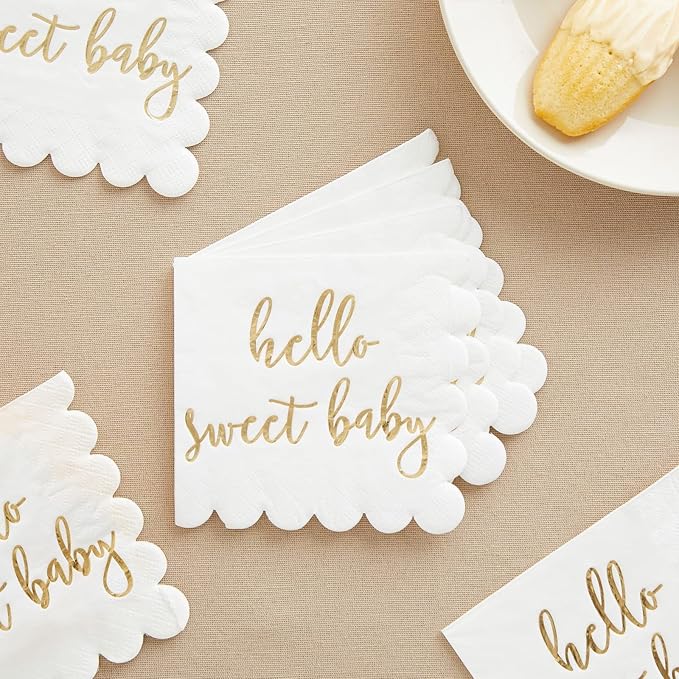 Juvale Baby Shower Napkins - 5 x 5 In, Gold Foil, 50 Pack - White Scalloped Napkins for Gender Neutral Baby Shower Decorations & Table Decor for Boy & Girl