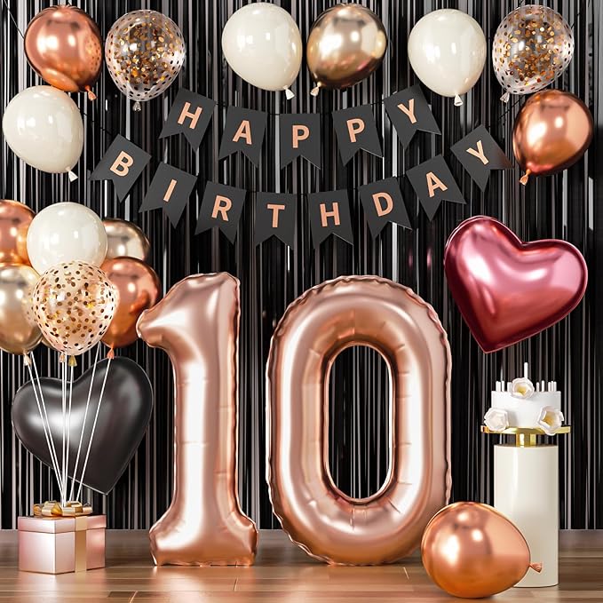 10th Birthday Decorations for Girls - Rose Gold, Black and Hot Pink Double Digits Party Supplies Set with Happy 10th Banner, Number 10 Balloons and Foil Fringe Curtains - 10 Year Old Celebration Kit