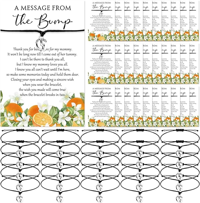 Thyle 50 Set Little Cutie Baby Shower Favors for Guests Adjustable Bracelets with Message from the Bump Card Footprints Charm Baby Shower Bracelets for Gender Reveal Thank You Gifts