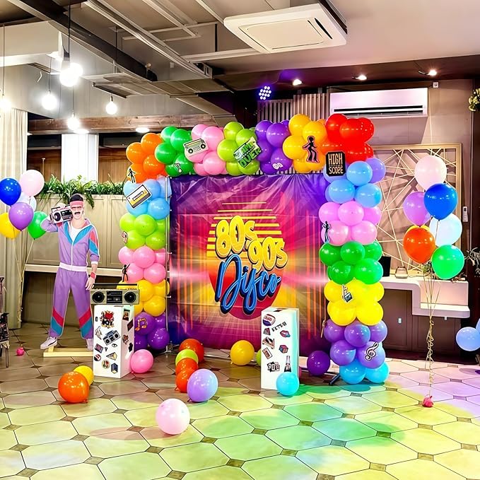Neon Balloon Arch Garland Kit, Colorful Rainbow 70s 80s 90s Theme Party Decorations, Pink Purple Lime Green Orange Blue & Disco Ball Balloons for Retro Nostalgia Prom Birthday Part Decoration Supplies