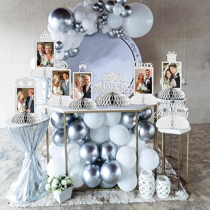 Cheereveal 8 Pieces Happy Wedding Anniversary Honeycomb Centerpiece, Silver Glitter Photo Table Topper, Anniversary Theme Party Supplies for Adult 10th 20th 25th 30th 40th 50th 60th Decorations