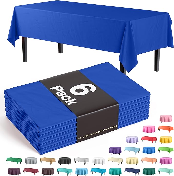 Exquisite Party Solids 6-Pack Premium Plastic Tablecloth 54in. x 108in. Rectangle Plastic Table Cover - Blue