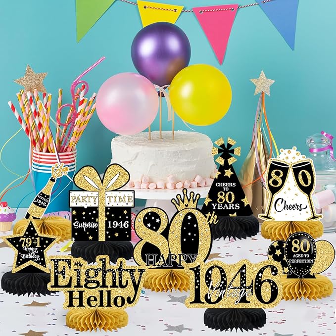 9Pcs 80th Birthday Decorations Honeycomb Centerpieces for Men Women, Black Gold Happy 80th Birthday Centerpieces Tables Toppers Party Decorations Supplies,Vintage 1946 Aged Table Sign Decor