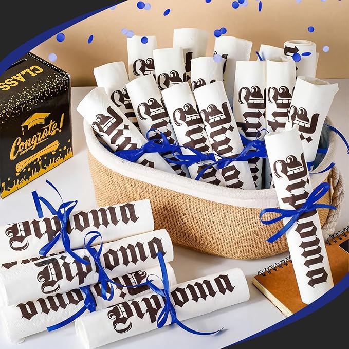 100 Set Graduation Diploma Guest Napkins Red Black and White Rolled Silverware Disposable Grad Award Dinner Napkin with Ribbon and Scissors for Celebration (diploma, Blue, 100 Pcs)