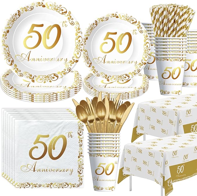 APOWBLS 50th Anniversary Decorations And Supplies Tableware - Golden 50 Year Wedding Anniversary Decorations, Party Plate, Cup, Napkin, Tablecloth, Cutlery, Paper Straw | Serve 24