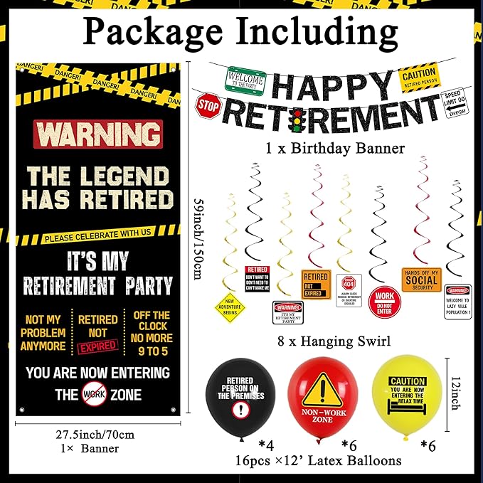 Roetyce Retirement Decorations Men Women, Caution Logos Happy Retirement Banner Balloons Hanging Swirls Kit, Funny Legend Retired Party Supplies Backdrop for Coworker Family, Retired Door Wall Signs