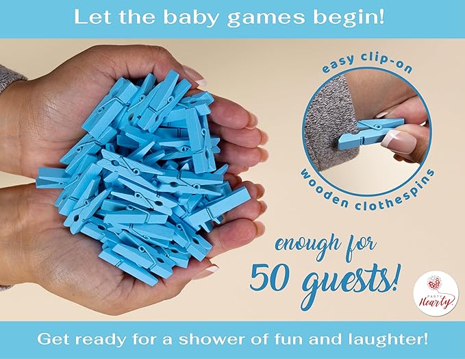 Party Hearty Baby Shower Games for Boy, Don't Say Baby Game,1 Sign and 50 Mini Blue Clothespins, Shower Game Ideas