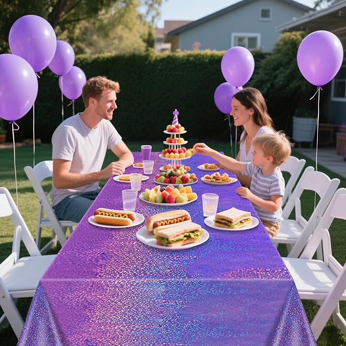 4Pcs Purple Holographic Tablecloths Rectangular Purple Iridescent Tablecloth Shimmer Metallic Table Covers for Butterfly Mermaid Party Birthday Wedding Christmas Holiday Party Decorations, 54x108Inch