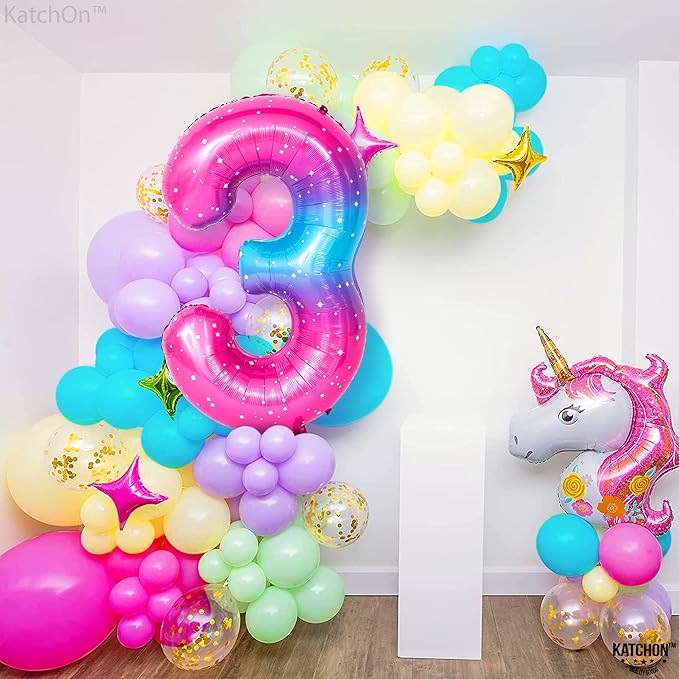 KatchOn, Rainbow 40 Inch 3 Balloon - Pink Blue | 3rd Birthday Decorations | Unicorn Party