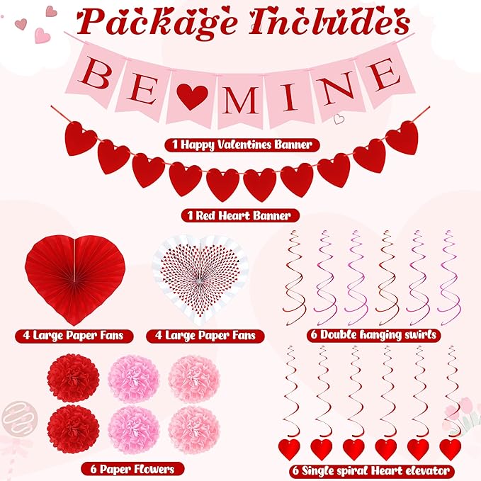 26PCS Valentines Decorations, Happy Valentines BE MINE Banner, Heart Felt Garland Paper Fans POMPOM Flowers, Red Pink Hanging Swirls for Heart Love Party Decorations Decor Wedding Supplies