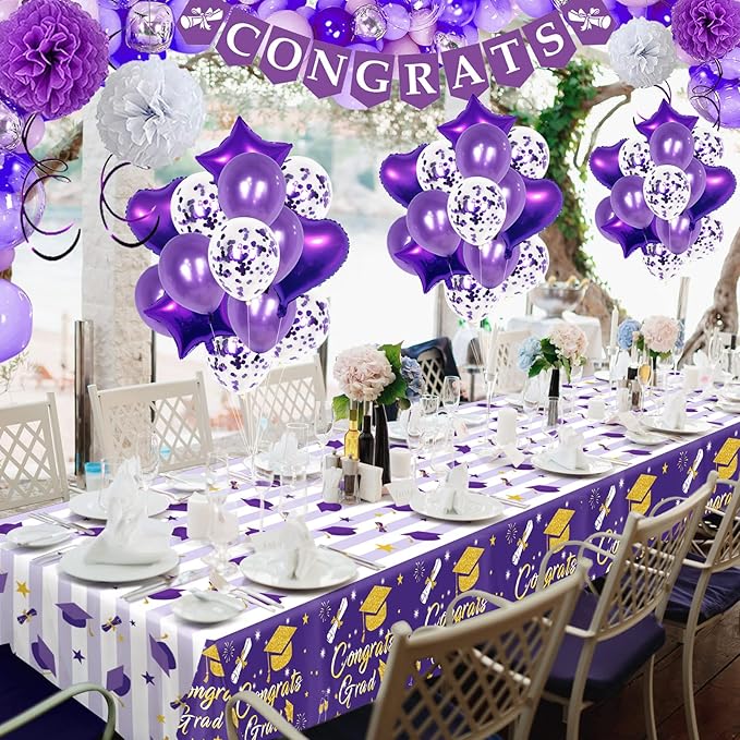 Graduation Tablecloth Party Decorations 2026, 3 Pack Purple Large Size 54"x108" Congrats Grad Disposable Rectangle Table Covers Plastic Table Cloth for College High School Class of 2026 Party Supplies