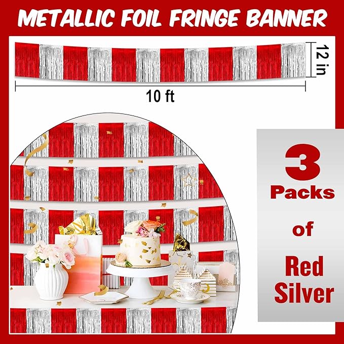 3 Pack 10 Feet Red and Silver Tinsel Foil Fringe Garland, Metallic Streamers Banner Wall Hanging Garland for Parade Floats, Graduation, Birthday, Baby Shower, Disco, Celebration Party Decoration