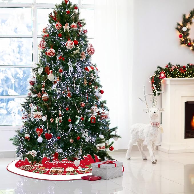 48 Inch Christmas Tree Skirt Double Layer Large Snowflake Xmas Tree Mat Decor for Winter Holiday Party Indoor Outdoor Christmas Decorations(Red,Train)