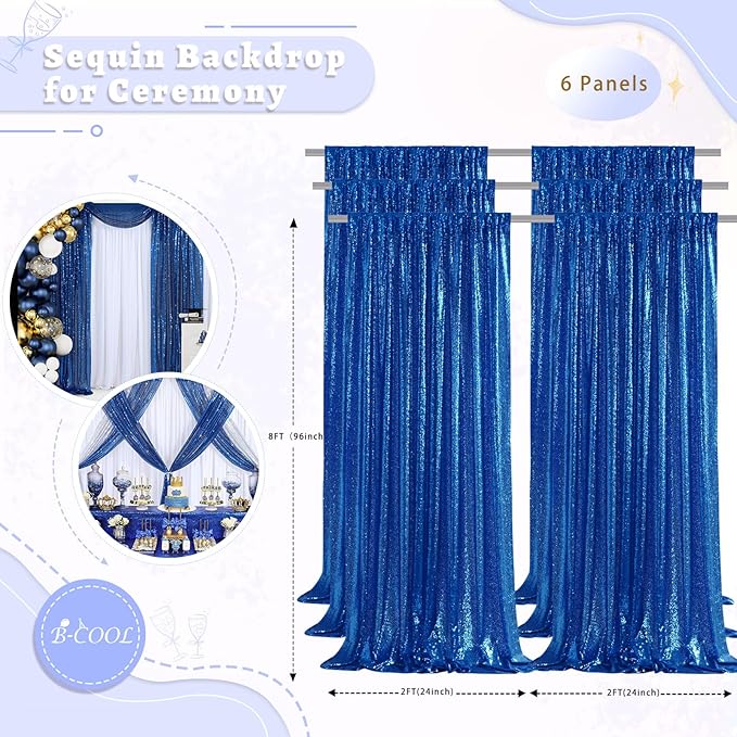 B-COOL Backdrop Curtain Sequin Decor: 6 Panels 2ftx8ft Curtain Drapes Royal Blue for Parties Decorations