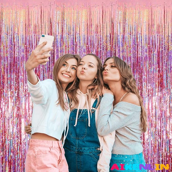 4 Pack 3.2Ft x 8.2Ft Rose Gold Foil Fringe Curtain Backdrop, Metallic Tinsel Foil Fringe Streamers Curtains Background for Photo Booth, Birthday, Wedding, Disco, Bachelorette, Christmas Party Decor