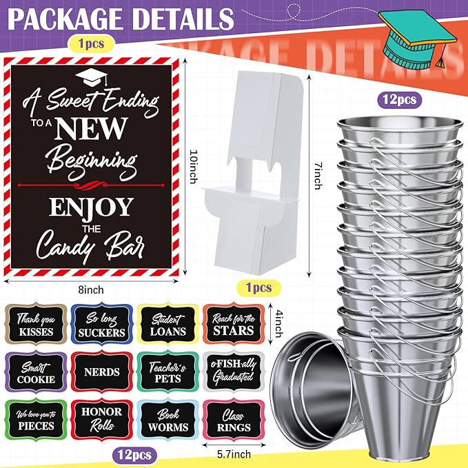 12 Set 2026 Graduation Candy Buffet Party Decoration Graduation Table Candy Bar Snack Labels Signs and 5'' Buckets with Handle for Class of 2026 Party Parties Supplies(Pure Style,Silver Color)