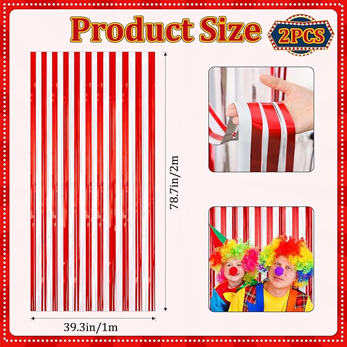 2 Pack Photo Backdrop, Clown Circus Theme Party Decorations Red & White Tinsel Curtain 3.3x6.6 Ft Foil Fringe Backdrop for Holiday Carnival Circus, Birthday, Wedding, Graduation