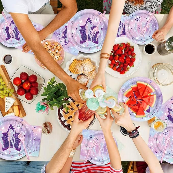 134Pcs Demon Movie Hunters Party Tableware,Birthday Decorations Party Napkins Plates Knives Forks Cups Spoons Party Decorations Serve 16(Pink)