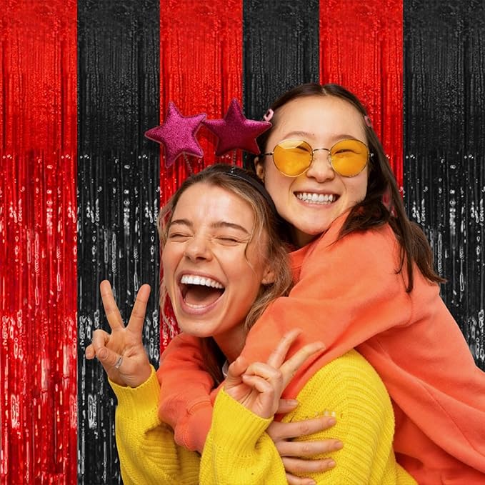 2 Pack Black and Red Backdrop Party Decorations Tinsel Curtain Halloween Party Streamer Foil Fringe Birthday Decorations Photo Booth Fancy Ball Christmas New Year Graduation Party Decor Decor