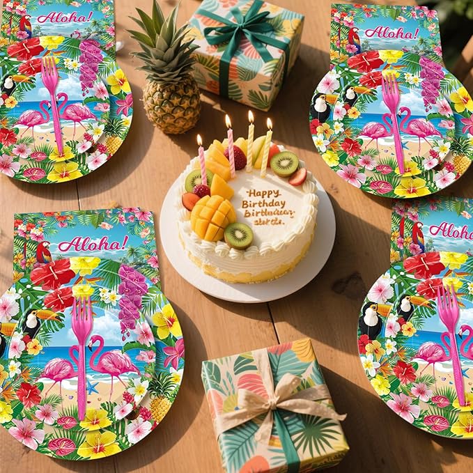 100 Pcs Tropical Aloha Flamingo Birthday Party Supplies Set - Serves 25, Hawaiian Luau Disposable Tableware, Includes Paper Plates, Napkins, Forks for Summer Beach Birthday Pool Decorations