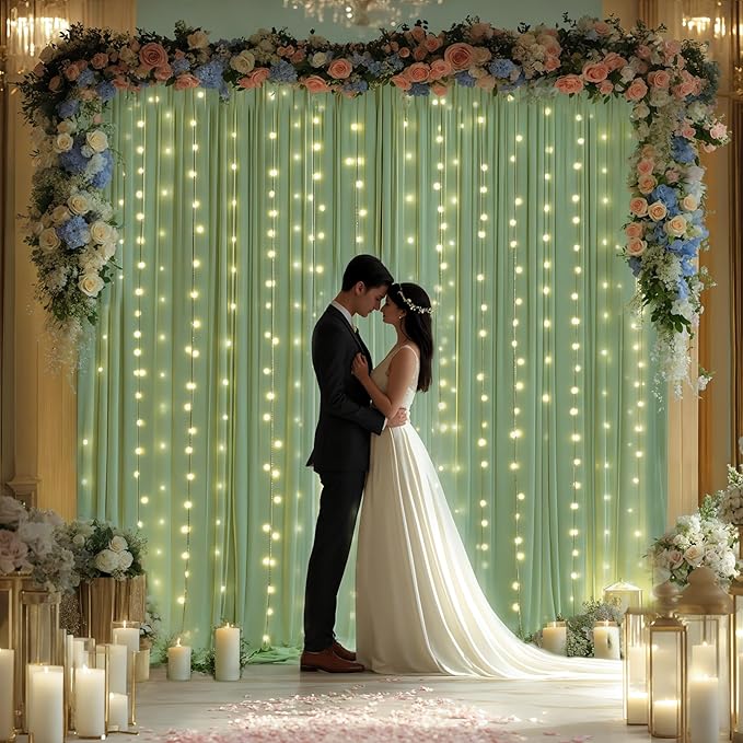 20x10FT Sage Green Backdrop Curtains with Lights for Parties,Wrinkle Free Wedding Photo Backdrop Curtains for Baby Shower Birthday Ceremony Reception Home Party Decorations-5ft x 10ft,4 Panels