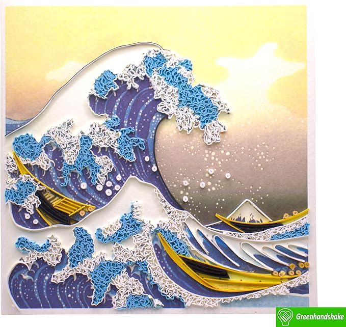 Hokusai's The Great Wave at Kanagawa (1760-1849), Quilling Art Greeting Card - Design Greeting Card for Birthday, Valentine's Day, Mothers Day, Spring, Fathers Day, Graduation, Wedding, Anniversary, Thank You, Get Well, All Occasion. Framable Artwork f...