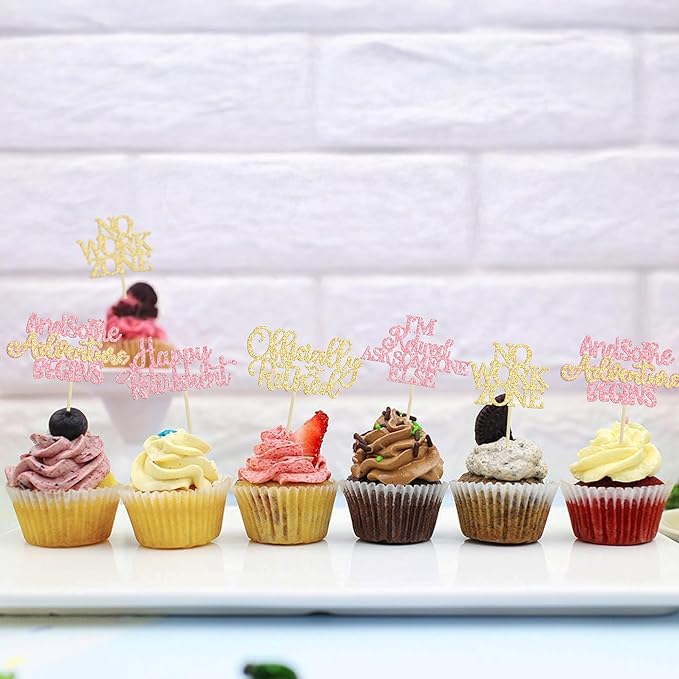 Gyufise 30Pcs Happy Retirement Cupcake Toppers Officially Retired Cake Toppers No Work Zone Adventure Begins Cupcake Picks for Retirement Theme Farewell Birthday Party Decorations Supplies Pink Gold