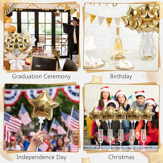 30 Pcs Star Self Inflatable Balloons with Bow Stems Star Foil Balloons Mini Pentagram Decoration for Patriotic Independence Day Graduation Birthday Baby Shower Anniversary(Gold,6 Inches)