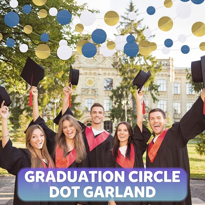 52FT Party Garlands, Paper Garland Circle Dots, Hanging Circle Banner Decorations for Birthday, Party, Wedding, Baby Shower, Graduations, Christmas, Wall Decor (Gold White Blue Garlands)