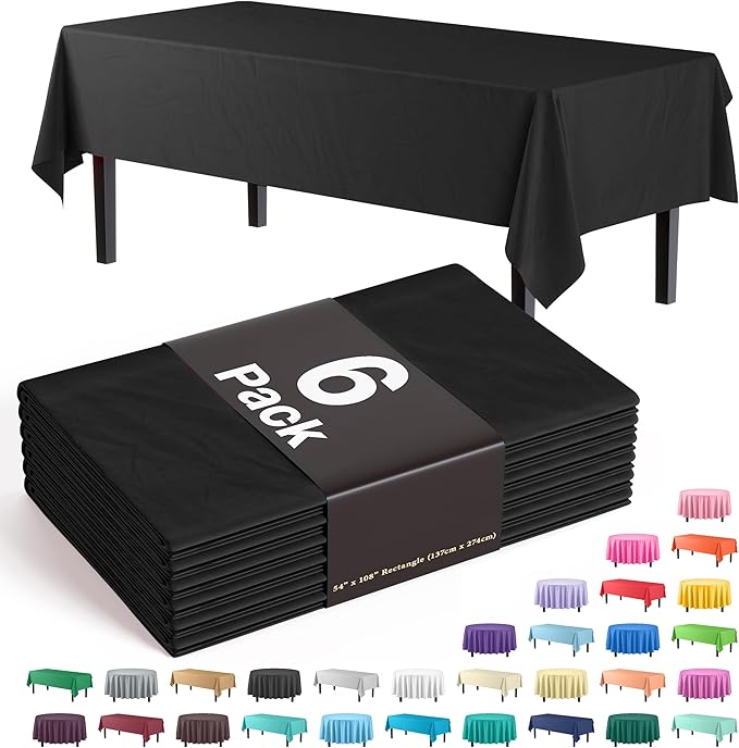Exquisite Party Solids 6-Pack Premium Plastic Tablecloth 54in. x 108in. Rectangle Plastic Table Cover - Black