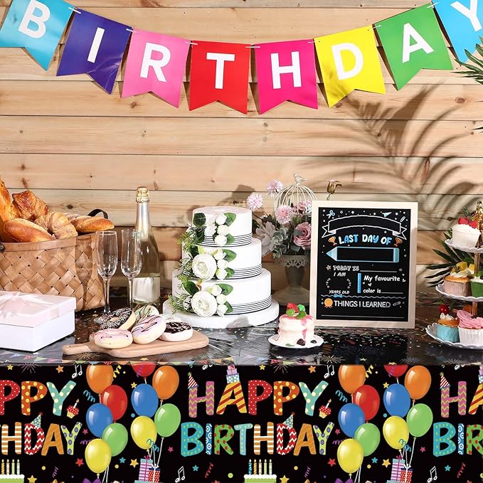 4 Pcs Happy Birthday Tablecloth 54'' x 108'' Disposable Birthday Table Cover Plastic Colorful Balloons for Kid Boy Girl Party Decoration Supplies(Black)