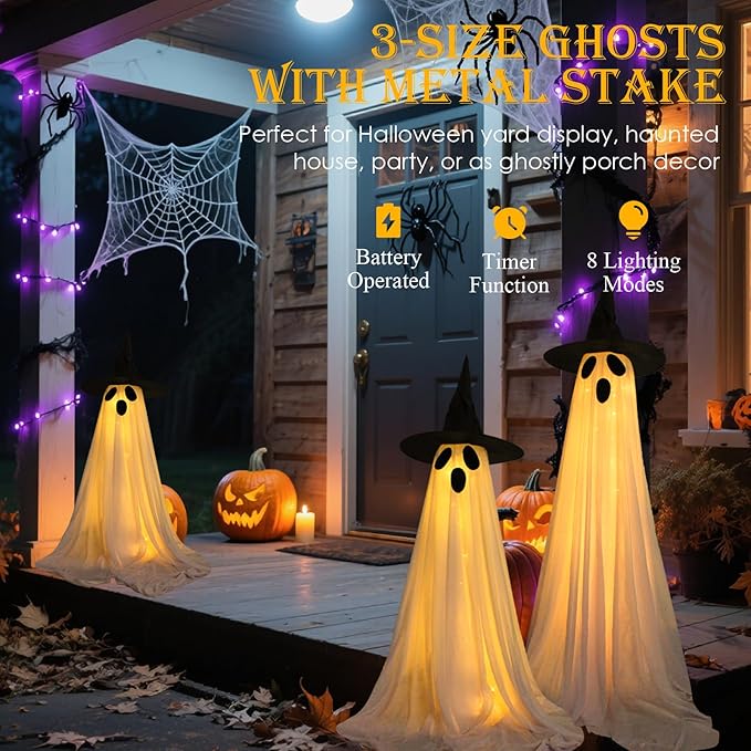 3 Pack Ghost Halloween Decorations Outdoor, Light Up Ghost Decorations with 8 Modes & Timer, Battery Operated Halloween Lights Ghost Decor Indoor Outdoor Room Front Yard, Porch, Haunted House Party