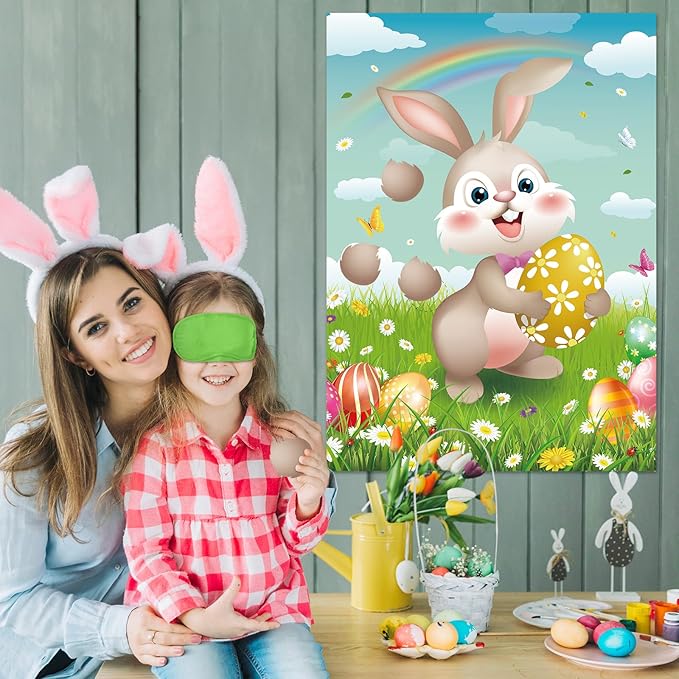 Pin The Tail on The Bunny Game with 36 Tail Stickers Happy Easter Party Game for Kids Easter Egg Hunt Activities, Large Bunny Game Poster for Happy Easter Party Decoration Supplies