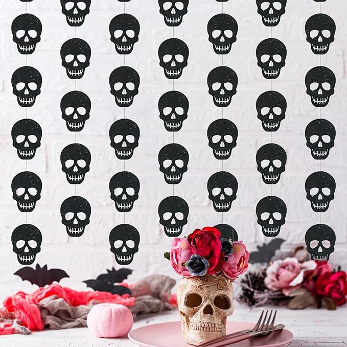 Xinnun Skull Party Decorations Black Skeleton Hanging Banners Garland Gothic Theme Banner Cutouts Ribbon Streamers for Halloween Spooky Funny Funeral Birthday Party Decor Supplies(Skull)