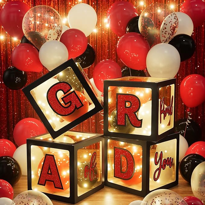 Graduation Party Decorations Class of 2026, 86PCS Red & Black Graduation Party Supplies High School College Grad Balloon Boxes with Letter, Foil Curtains, LED String Light, Balloon Garland Kit