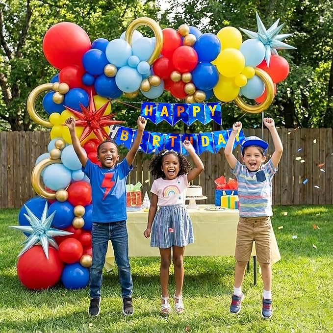 Super Hero Hedgehog Theme party decorations with 107Pcs Red Blue Yellow Gold Balloon Garland Arch Kit foil lightning Star balloons birthday banner for kids cartoon themed Baby Shower decor