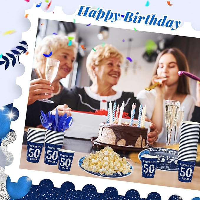 240 Pcs 50th Birthday Decorations 1976 Birthday Party Tableware Include Plates Napkins 9oz Cups Cutlery 50th Anniversary Party Supplies for Men Women Him Her, Serve 30 Guests (Blue Silver)