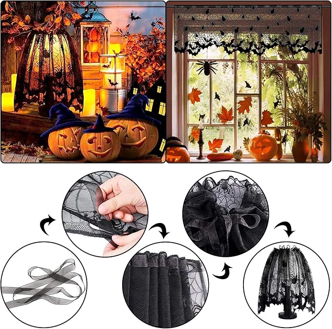 5Pack Halloween Decorations Indoor Halloween Spider Web Tablecloth Table Runners Fireplace Mantel Scarf Cobweb Lampshade Scary 3D Bats for Halloween Spooky Home Decor