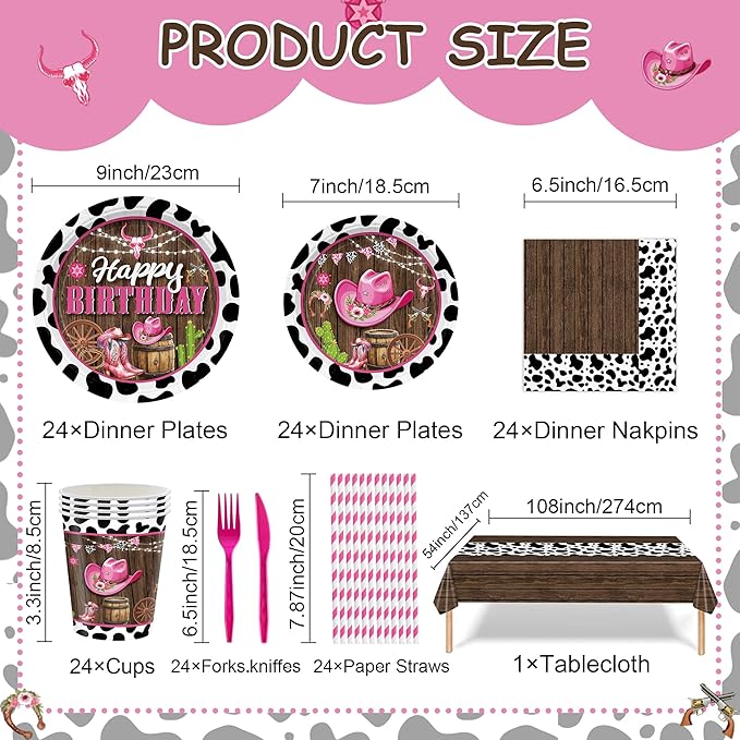 169PCS Cowgirl Plates Party Decorations Western Cowgirl Birthday Party Supplies Wild West Themed Paper Plates and Napkins Cups with Forks Knives and Straws Tableware for 24 Guests