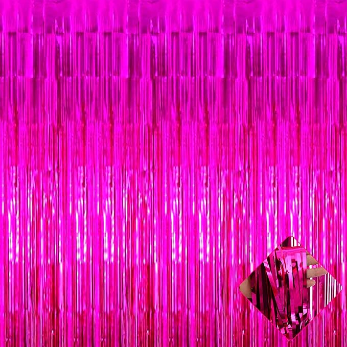 4 Pack 3.3Ft x 6.6Ft Fuchsia Foil Fringe Curtain Backdrop, Metallic Tinsel Foil Fringe Streamers Curtains Background for Photo Booth, Birthday, Wedding, Halloween, Christmas Party Decoration