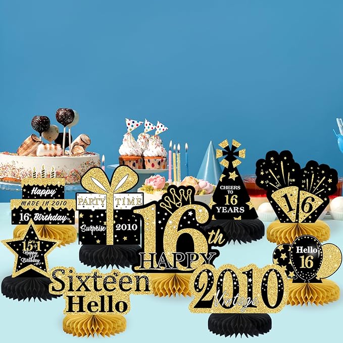 9Pcs Black Gold 16th Birthday Decorations Honeycomb Centerpieces for Boys Girls,Happy 16th Birthday Centerpieces Tables Toppers Party Decorations Supplies 16th Table Sign Decor