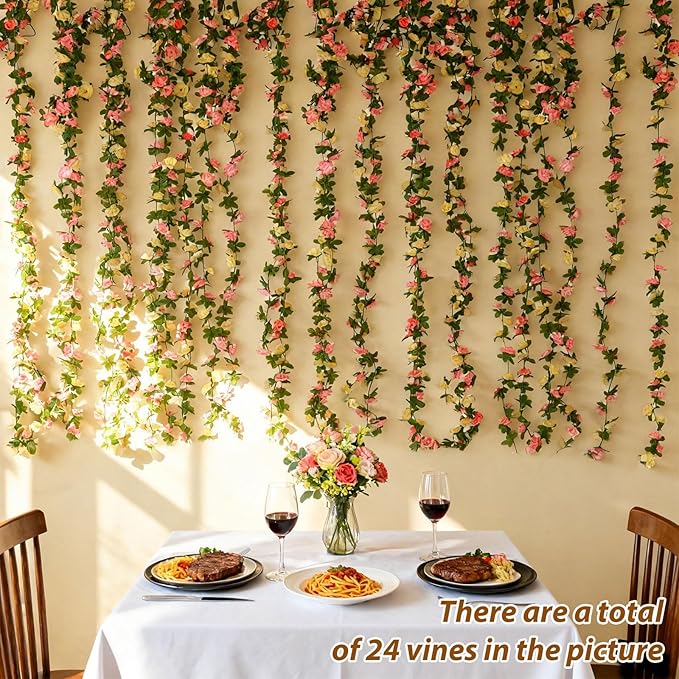 Miracliy 8Pcs 66FT Flower Garland, Orange and Champagne Artificial Rose Floral Vines Fake Hanging Spring Flower Garland for Wall Backdrop Wedding Arch Tea Party Door Mantle Decoration