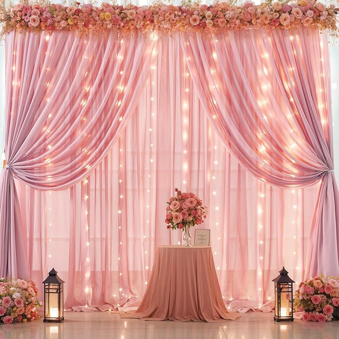 10ft x 10ft Dusty Rose Chiffon Backdrop Curtain with Lights String for Parties,2 Panels Sheer Tulle Curtain Wedding Photo Backdrop with Lights for Baby Shower Birthday Party Ceremony Home Decorations