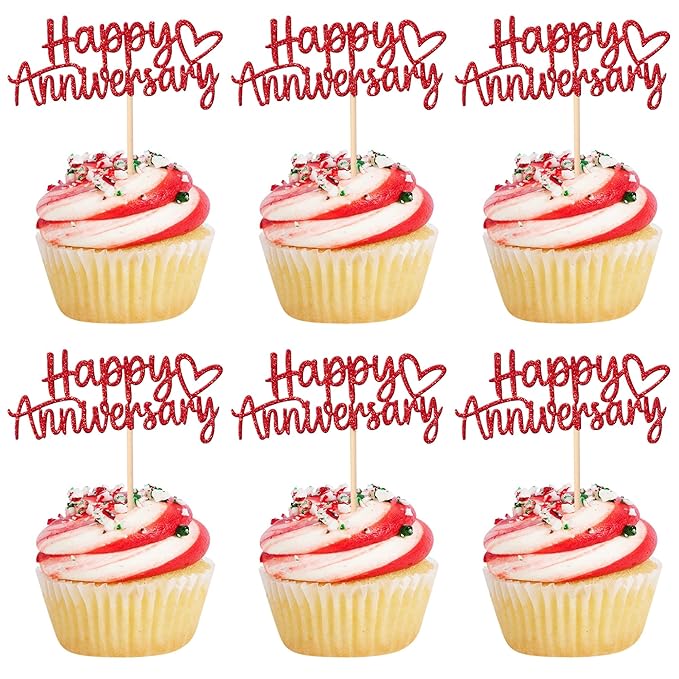 24 PCS Happy Anniversary Cupcake Toppers Glitter Wedding Anniversary Cupcake Picks Anniversary Theme Cupcake Decorations Baby Shower Birthday Wedding Anniversary Party Cake Decorations Supplies Red
