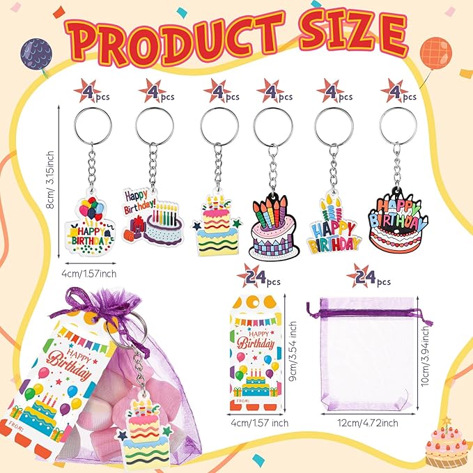 24 Set Happy Birthday Goodie Bags for Kids Happy Birthday Keychain Gifts with Organza Bags and Card for Students Key Chain Classroom Reward Gift Party Goodie Bag Stuffers Gift
